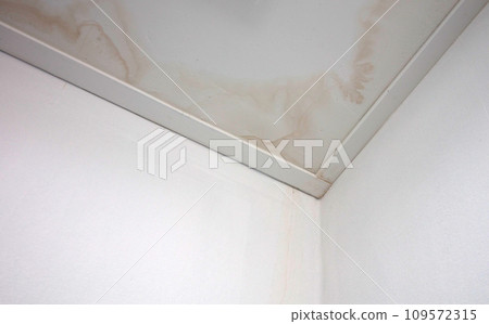 Stains on ceiling and wall from water leak 109572315