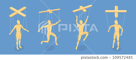 3D Isometric Flat Vector Set of Wooden Marionettes 109572485