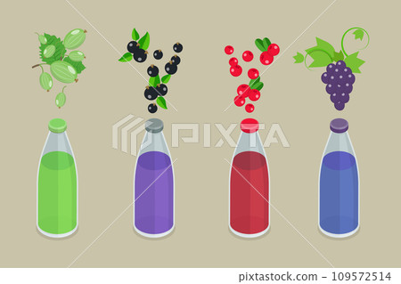 3D Isometric Flat Vector Set of Bottles With Berry Beverage 109572514