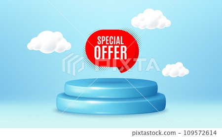 Special offer banner. Winner podium 3d base. Product offer pedestal. Discount sticker shape. Sale coupon bubble icon. Special offer promotion message. Background with 3d clouds. Vector Special offer banner. Winner podium 3d base. Product offer pedestal. Discount sticker shape. Sale coupon bubble icon. Special offer promotion message. Background with 3d clouds. Vector 109572614