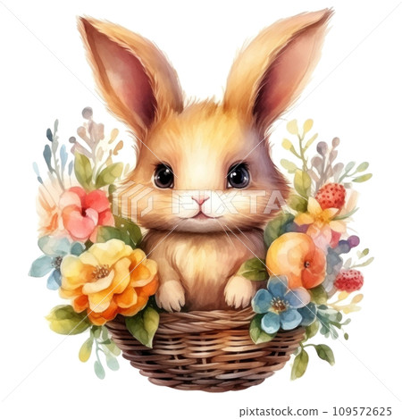 cute watercolor easter bunny with basket of flowers and colorful easter eggs isolated cute watercolor easter bunny with basket of flowers and colorful easter eggs isolated 109572625