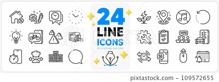 Icons set of Energy, Online payment and Timer app line icons pack for app with Car registration, 5g phone, No music thin outline icon. Engineering, Customisation, Checklist pictogram. Vector 109572655