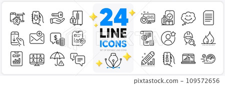 Icons set of Report checklist, New mail and Smile line icons pack for app with Video conference, Risk management, Carry-on baggage thin outline icon. Buying house, Waterproof. Vector 109572656