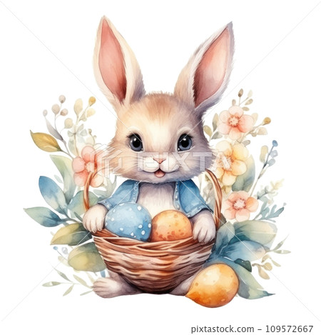 cute watercolor easter bunny with basket of flowers and colorful easter eggs isolated 109572667