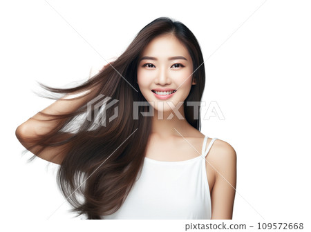 a young asian woman holds onto the camera to show off her long hair a young asian woman holds onto the camera to show off her long hair 109572668