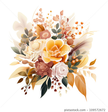 a bouquet of flowers, greens and leaves, a bouquet of flowers, greens and leaves, 109572672