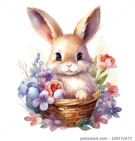 cute watercolor easter bunny with basket of flowers and colorful easter eggs isolated cute watercolor easter bunny with basket of flowers and colorful easter eggs isolated 109572673