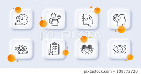 People talking, Delivery man and Checklist line icons pack. 3d glass buttons with blurred circles. Writer, Working hours, Biometric eye web icon. Internet app, Hold heart pictogram. Vector People talking, Delivery man and Checklist line icons pack. 3d glass buttons with blurred circles. Writer, Working hours, Biometric eye web icon. Internet app, Hold heart pictogram. Vector 109572720