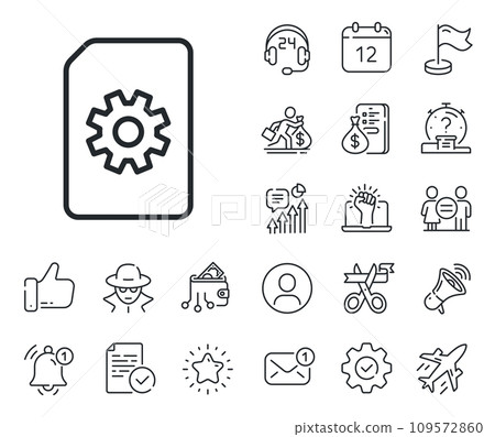 Information File with Cogwheel sign. Salaryman, gender equality and alert bell outline icons. Document Management line icon. Paper page concept symbol. File Management line sign. Vector 109572860