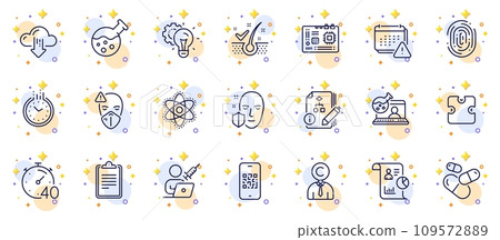 Outline set of Timer, Copyrighter and Puzzle line icons for web app. Include Medical mask, Algorithm, Motherboard pictogram icons. Vaccination appointment, Online chemistry, Clipboard signs. Vector 109572889
