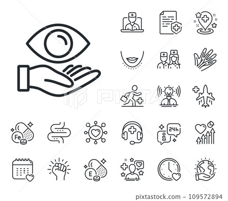 Oculist clinic sign. Online doctor, patient and medicine outline icons. Eye care line icon. Optometry vision symbol. Health eye line sign. Veins, nerves and cosmetic procedure icon. Intestine. Vector Oculist clinic sign. Online doctor, patient and medicine outline icons. Eye care line icon. Optometry vision symbol. Health eye line sign. Veins, nerves and cosmetic procedure icon. Intestine. Vector 109572894