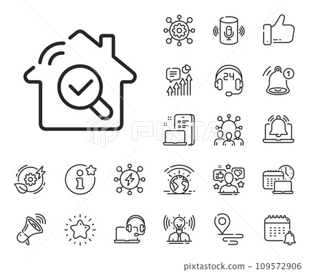Building quality sign. Place location, technology and smart speaker outline icons. Inspect line icon. Construction verification symbol. Inspect line sign. Influencer, brand ambassador icon. Vector 109572906