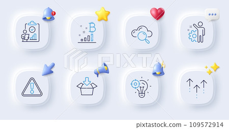 Get box, Seo idea and Warning line icons. Buttons with 3d bell, chat speech, cursor. Pack of Swipe up, Employee, Cloud computing icon. Inspect, Bitcoin graph pictogram. For web app, printing. Vector 109572914