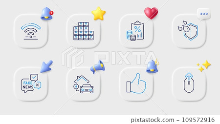 Wifi, Like and Wholesale inventory line icons. Buttons with 3d bell, chat speech, cursor. Pack of Waterproof, Swipe up, Tax document icon. Fake news, Home charging pictogram. Vector Wifi, Like and Wholesale inventory line icons. Buttons with 3d bell, chat speech, cursor. Pack of Waterproof, Swipe up, Tax document icon. Fake news, Home charging pictogram. Vector 109572916