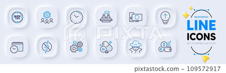 Currency rate, Tips and Employees talk line icons for web app. Pack of Bromine mineral, Cogwheel, Calendar time pictogram icons. Fraud, Swipe up, Recovery computer signs. Coronavirus. Vector Currency rate, Tips and Employees talk line icons for web app. Pack of Bromine mineral, Cogwheel, Calendar time pictogram icons. Fraud, Swipe up, Recovery computer signs. Coronavirus. Vector 109572917