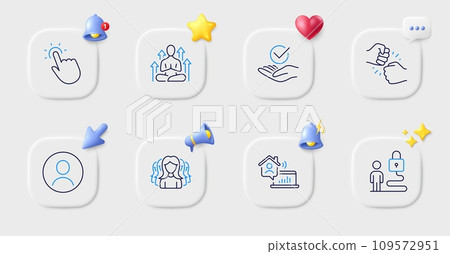 Yoga, Lock and Headshot line icons. Buttons with 3d bell, chat speech, cursor. Pack of Touchpoint, Women group, Fist bump icon. Approved, Work home pictogram. For web app, printing. Vector 109572951