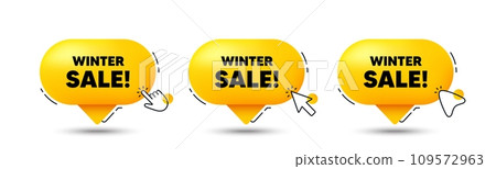Winter Sale tag. Click here buttons. Special offer price sign. Advertising Discounts symbol. Winter sale speech bubble chat message. Talk box infographics. Vector 109572963