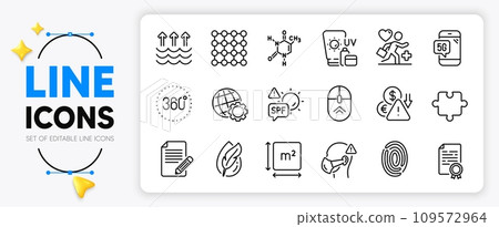 5g phone, Spf protection and Certificate diploma line icons set for app include Globe, Deflation, Patient outline thin icon. Medical mask, Density, Chemical formula pictogram icon. Vector 109572964