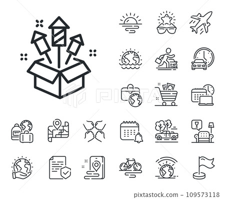 Pyrotechnic salute sign. Plane jet, travel map and baggage claim outline icons. Fireworks rocket line icon. Carnival celebration lights symbol. Fireworks rocket line sign. Vector 109573118