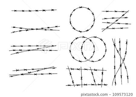 Barbed Wire. Barbwire chain boundary. Sharp spike chain. Security and protection. Military border, element of army camp and jail, prison. Border and barrier Barbed Wire. Barbwire chain boundary. Sharp spike chain. Security and protection. Military border, element of army camp and jail, prison. Border and barrier 109573120