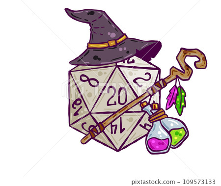 Dice for playing DnD. Tabletop role-playing game Dungeon and dragons with d20. Magical role of sorcerer with witch hat. 109573133