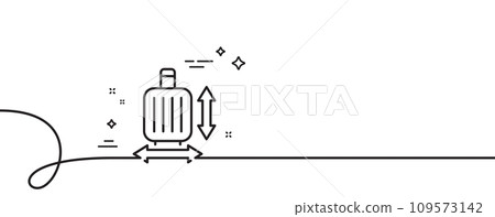 Carry-on baggage size line icon. Continuous one line with curl. Hand luggage dimensions sign. Travel carry-on bag symbol. Baggage size single outline ribbon. Loop curve pattern. Vector 109573142