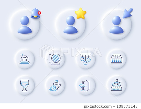 Wine glass, Circle area and Ceiling lamp line icons. Placeholder with 3d cursor, bell, star. Pack of Entrance, Mattress, Flexible mattress icon. Coffee break, Terrace pictogram. Vector 109573145