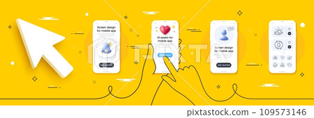 Refill water, Potato and Windy weather line icons pack. Phone screen mockup with 3d alert bell, health and headshot. Solar panel, Leaf, Sunny weather web icon. Fish dish pictogram. Vector 109573146