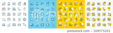 Vector icons set of Support, Partnership and Organic waste line icons pack for web with Refrigerator, Music, Place outline icon. Pickup, Mountain flag, Puzzle pictogram. Shop app. Vector 109573201