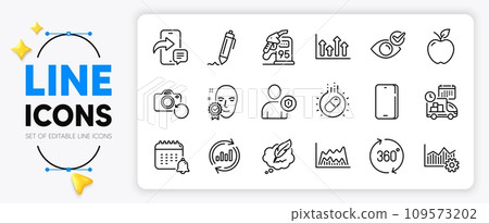 Delivery, Upper arrows and Capsule pill line icons set for app include Apple, Signature, Recovery photo outline thin icon. Phone, Check eye, Security pictogram icon. Calendar. Vector 109573202