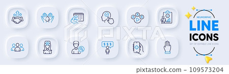 Wash hands, Inspect and Fitness calendar line icons for web app. Pack of Group, Three fingers, Oculist doctor pictogram icons. Video conference, Employee benefits, Deal signs. Vector Wash hands, Inspect and Fitness calendar line icons for web app. Pack of Group, Three fingers, Oculist doctor pictogram icons. Video conference, Employee benefits, Deal signs. Vector 109573204