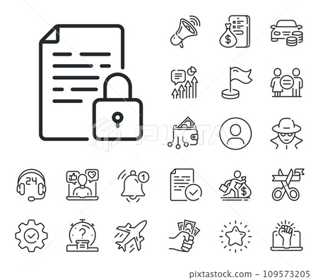 Protected document sign. Salaryman, gender equality and alert bell outline icons. Lock line icon. Padlock file symbol. Lock line sign. Spy or profile placeholder icon. Online support, strike. Vector Protected document sign. Salaryman, gender equality and alert bell outline icons. Lock line icon. Padlock file symbol. Lock line sign. Spy or profile placeholder icon. Online support, strike. Vector 109573205