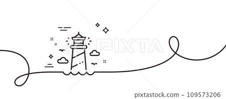Lighthouse line icon. Continuous one line with curl. Beacon tower sign. Searchlight building symbol. Lighthouse single outline ribbon. Loop curve pattern. Vector Lighthouse line icon. Continuous one line with curl. Beacon tower sign. Searchlight building symbol. Lighthouse single outline ribbon. Loop curve pattern. Vector 109573206
