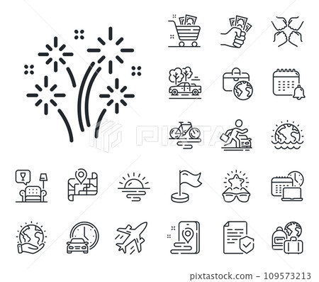 Pyrotechnic salute sign. Plane jet, travel map and baggage claim outline icons. Fireworks line icon. Carnival celebration lights symbol. Fireworks line sign. Car rental, taxi transport icon. Vector 109573213