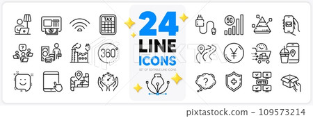 Icons set of Floor lamp, Tax calculator and Teamwork question line icons pack for app with Medical shield, Mail app, Hold box thin outline icon. Online voting, 5g wifi. Design with 3d stars. Vector 109573214