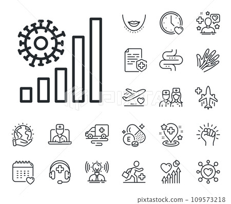 Covid-19 confirmed cases graph sign. Online doctor, patient and medicine outline icons. Coronavirus statistics line icon. Corona virus pandemic symbol. Coronavirus statistics line sign. Vector 109573218