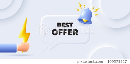 Best offer tag. Neumorphic background with chat speech bubble. Special price Sale sign. Advertising Discounts symbol. Best offer speech message. Banner with energy. Vector 109573227