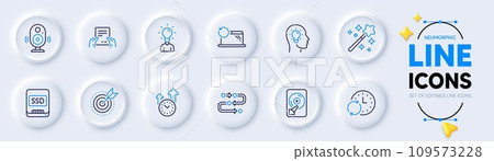 Methodology, Target purpose and Receive file line icons for web app. Pack of Hdd, Speaker, Recovery laptop pictogram icons. Magic wand, Idea head, Education signs. Time management, Ssd. Vector 109573228