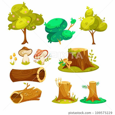 Forest Element and Object with Tree, Stump, Log and Mushroom Vector Set 109573229