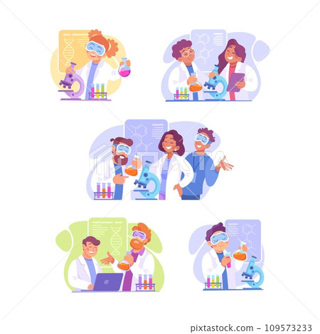 Man and Woman at Laboratory with Flask and Microscope Conduct Experiment Vector Illustration Set 109573233