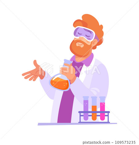 Bearded Man at Laboratory with Flask Conduct Experiment Vector Illustration 109573235