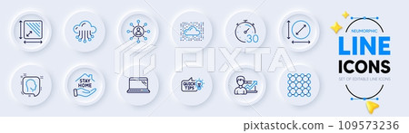 Networking, Head and Laptop line icons for web app. Pack of Circle area, Stay home, Timer pictogram icons. Education idea, Cloud storage, Density signs. Cloud system, Success business. Vector 109573236