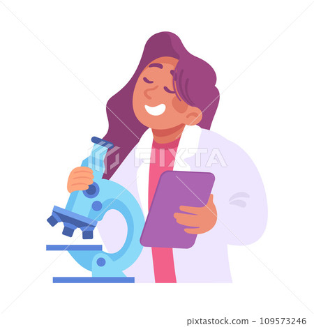 Woman at Laboratory with Microscope Conduct Experiment Vector Illustration 109573246