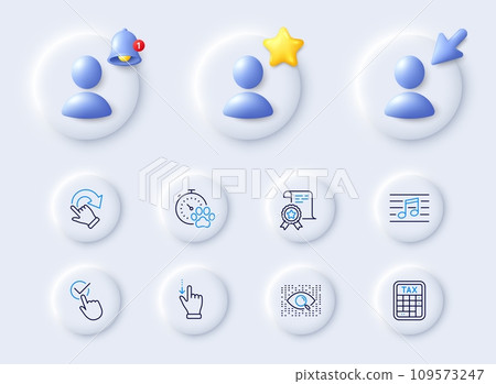 Rotation gesture, Tax calculator and Checkbox line icons. Placeholder with 3d cursor, bell, star. Pack of Certificate, Touchscreen gesture, Musical note icon. Vector Rotation gesture, Tax calculator and Checkbox line icons. Placeholder with 3d cursor, bell, star. Pack of Certificate, Touchscreen gesture, Musical note icon. Vector 109573247