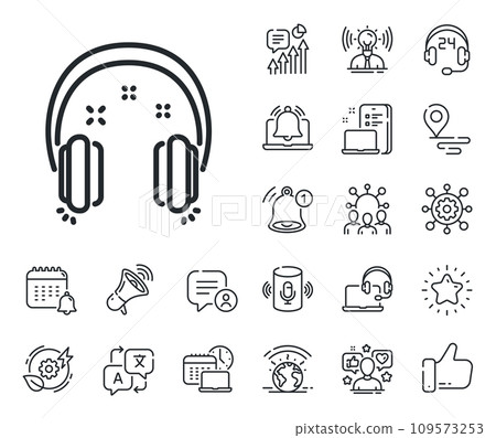 Music listen sign. Place location, technology and smart speaker outline icons. Headphones line icon. Musical earphones symbol. Headphones line sign. Influencer, brand ambassador icon. Vector 109573253