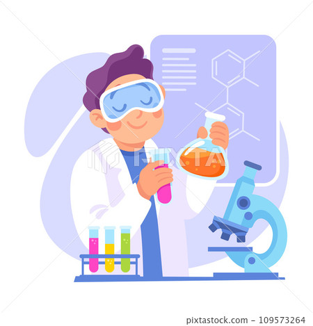 Man at Laboratory with Flask and Microscope Conduct Experiment Vector Illustration Man at Laboratory with Flask and Microscope Conduct Experiment Vector Illustration 109573264