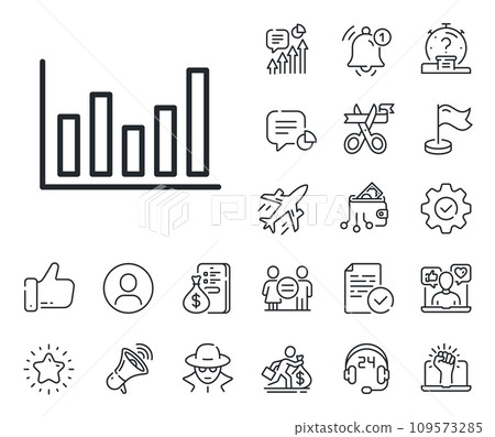 Financial graph sign. Salaryman, gender equality and alert bell outline icons. Column chart line icon. Stock exchange symbol. Business investment. Column chart line sign. Vector 109573285