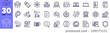 5g technology, Electricity plug and Loyalty award line icons pack. Car charge, Waiting, Presentation board web icon. Petrol station, Canister oil, Refill water pictogram. Recovery server. Vector 109573331