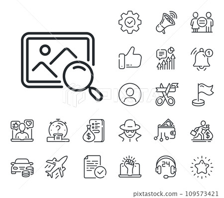 Find image or picture sign. Salaryman, gender equality and alert bell outline icons. Search photo line icon. Search photo line sign. Spy or profile placeholder icon. Online support, strike. Vector 109573421