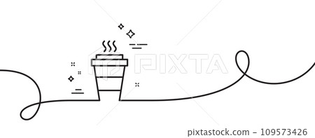 Takeaway Coffee cup line icon. Continuous one line with curl. Hot drink sign. Takeout symbol. Takeaway single outline ribbon. Loop curve pattern. Vector Takeaway Coffee cup line icon. Continuous one line with curl. Hot drink sign. Takeout symbol. Takeaway single outline ribbon. Loop curve pattern. Vector 109573426
